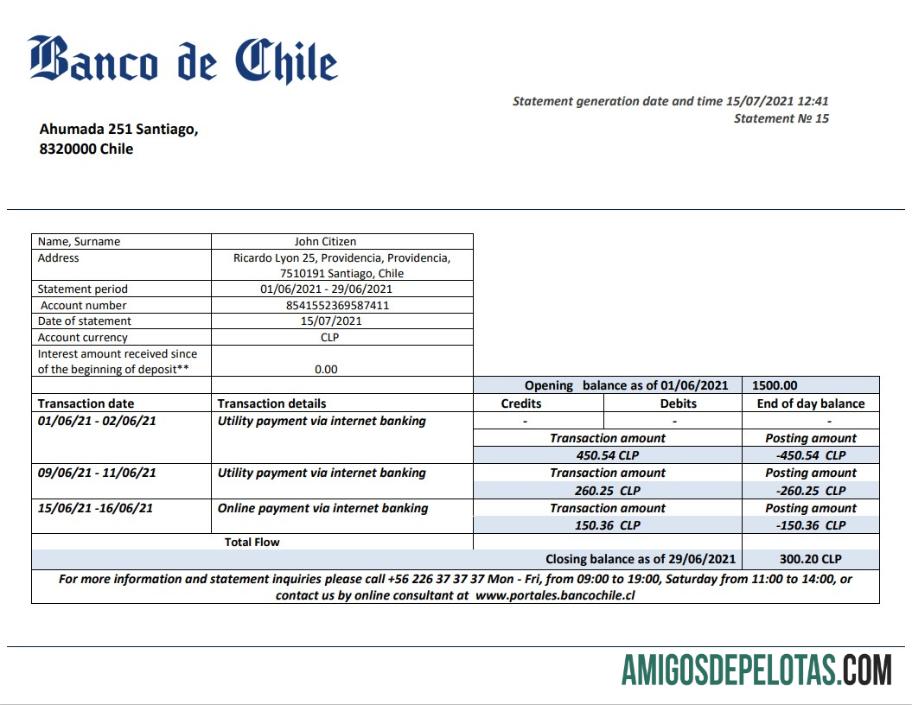 Chile Banco De Chile Statement modelo